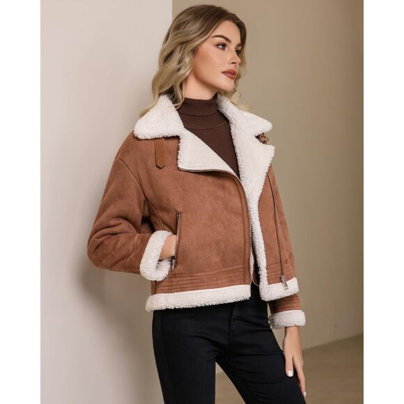 ⚡Women's Dark Brown Fur Winter Coat Warm Thick Fur Lined Faux Leather Jacketv - Picture 2 of 6